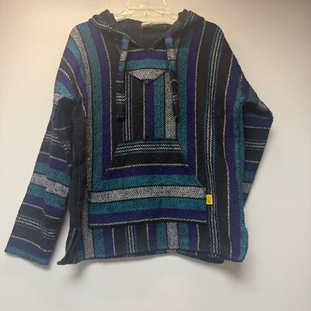 Earthbound Trading Co Baja Hoodie Mens Medium Blue Teal Striped Drug Rug Exc